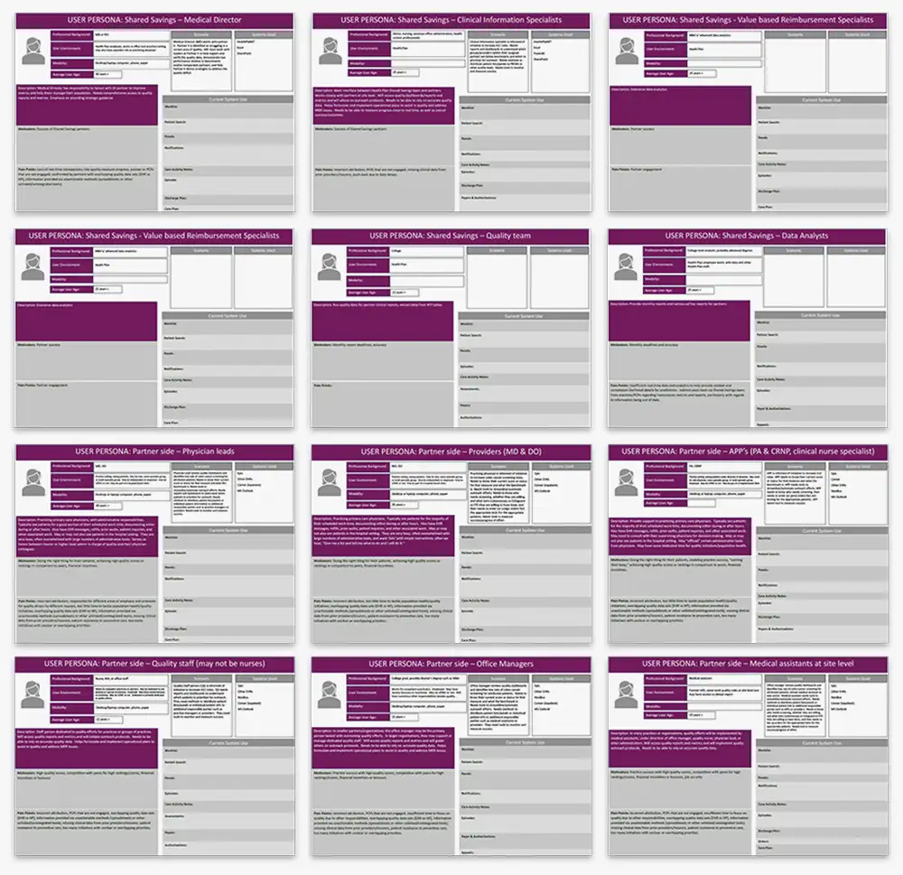 Most of the 14 Ambulatory personas that were reviewed and verified with stakeholders. Note that most of the fields in each persona were left blank, indicating that the artifacts lacked contextual data.