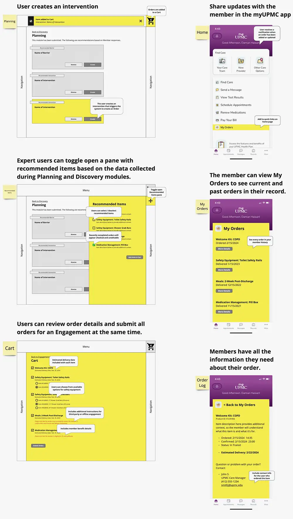 Conceptual designs that describe a a shopping cart-style order / checkout workflow and greater visibility of Orders via a member-facing mobile app.